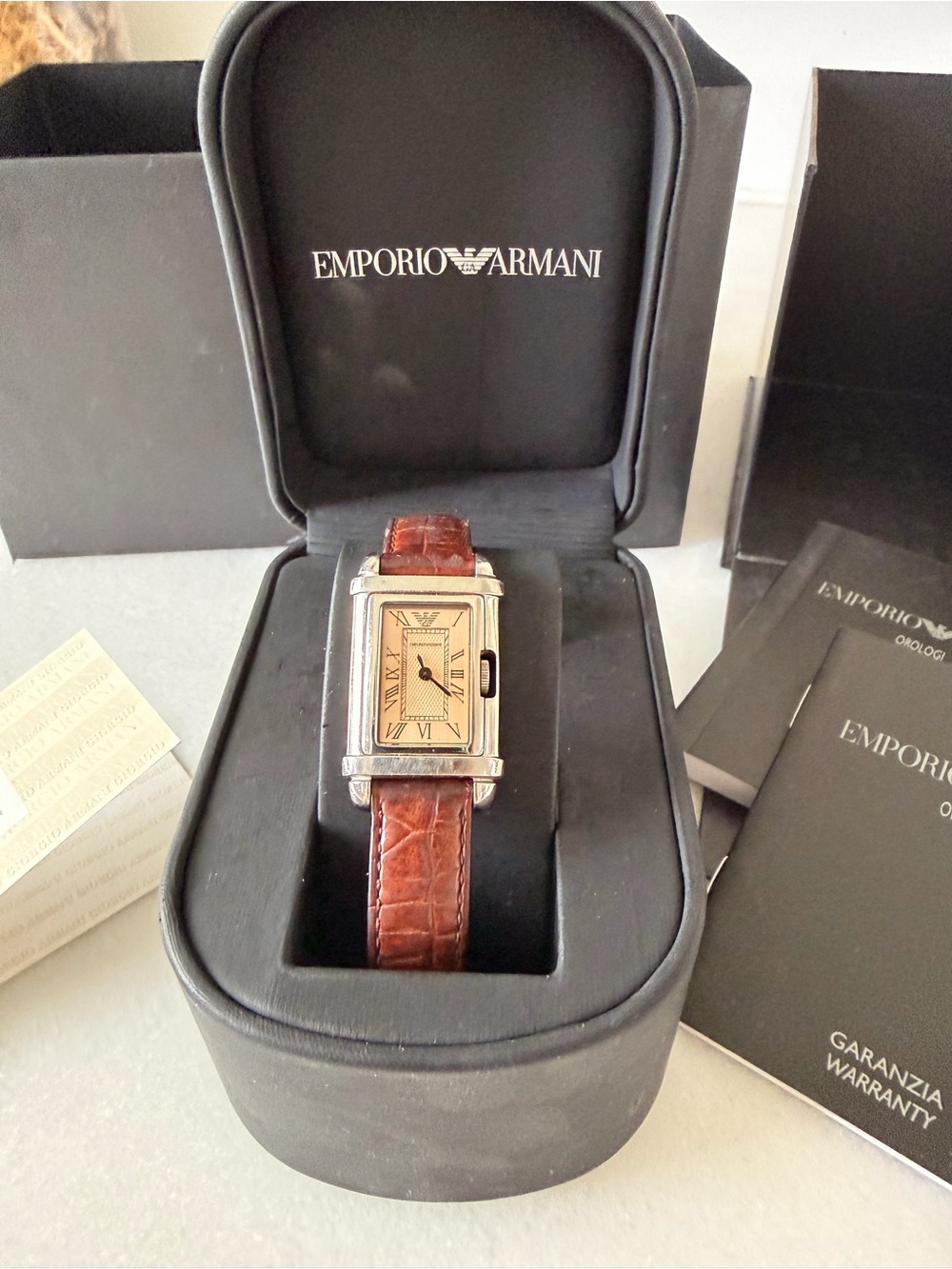 Emporio Armani Silver Case Watch with Brown Leather Strap